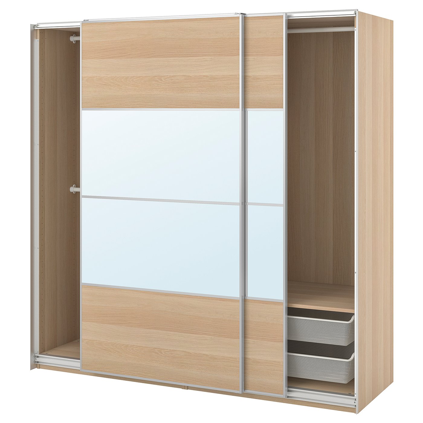 Møbelmontering PAX / MEHAMN/AULI Garderobe m skydedøre, egetræsmønster med hvid bejdse dobbeltsidet/egetræsmønster med hvid bejdse spejl, 200x66x201 cm