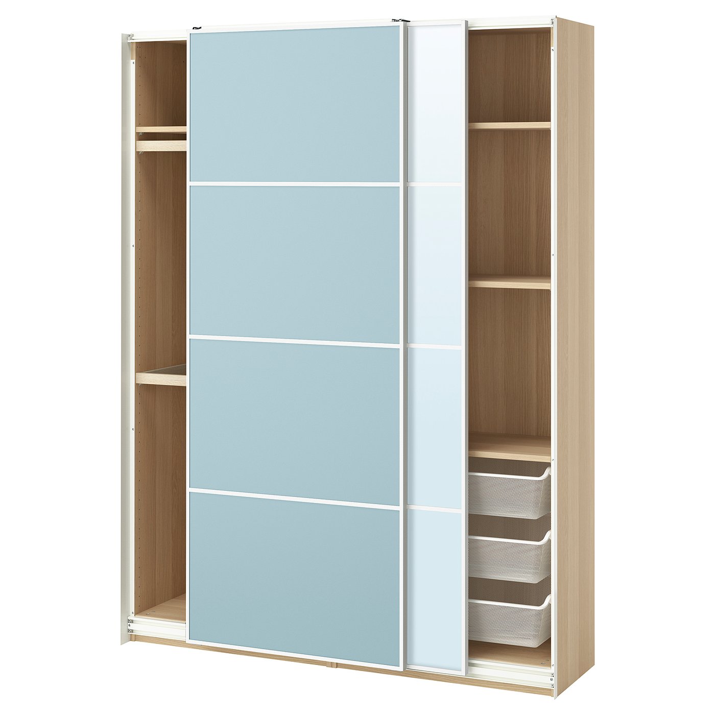 Møbelmontering PAX / MEHAMN/AULI Garderobe m skydedøre, egetræsmønster med hvid bejdse dobbeltsidet/lyseblå spejl, 150x43x201 cm