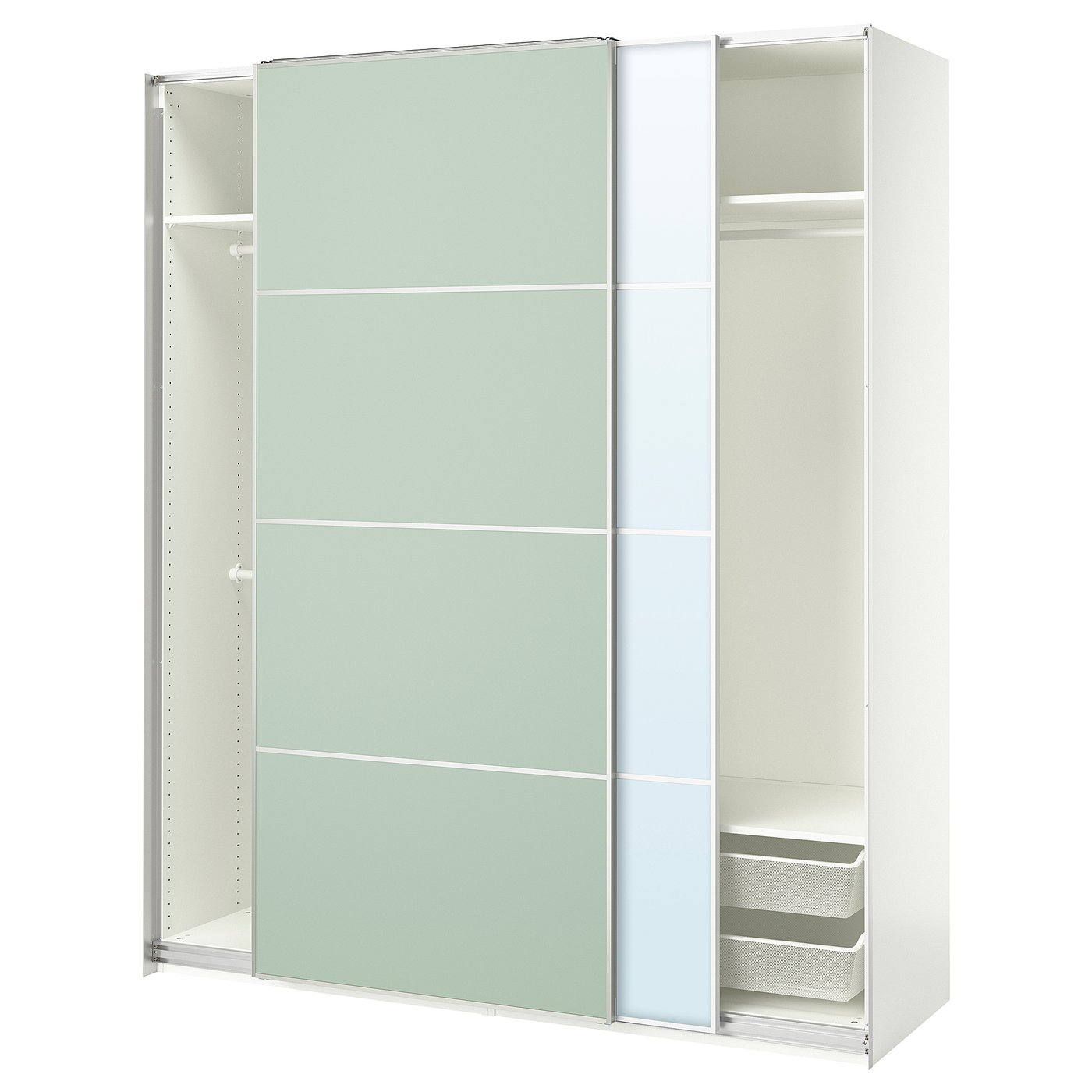Møbelmontering PAX / MEHAMN/AULI Garderobe m skydedøre, hvid dobbeltsidet/lysegrøn spejl, 200x66x236 cm