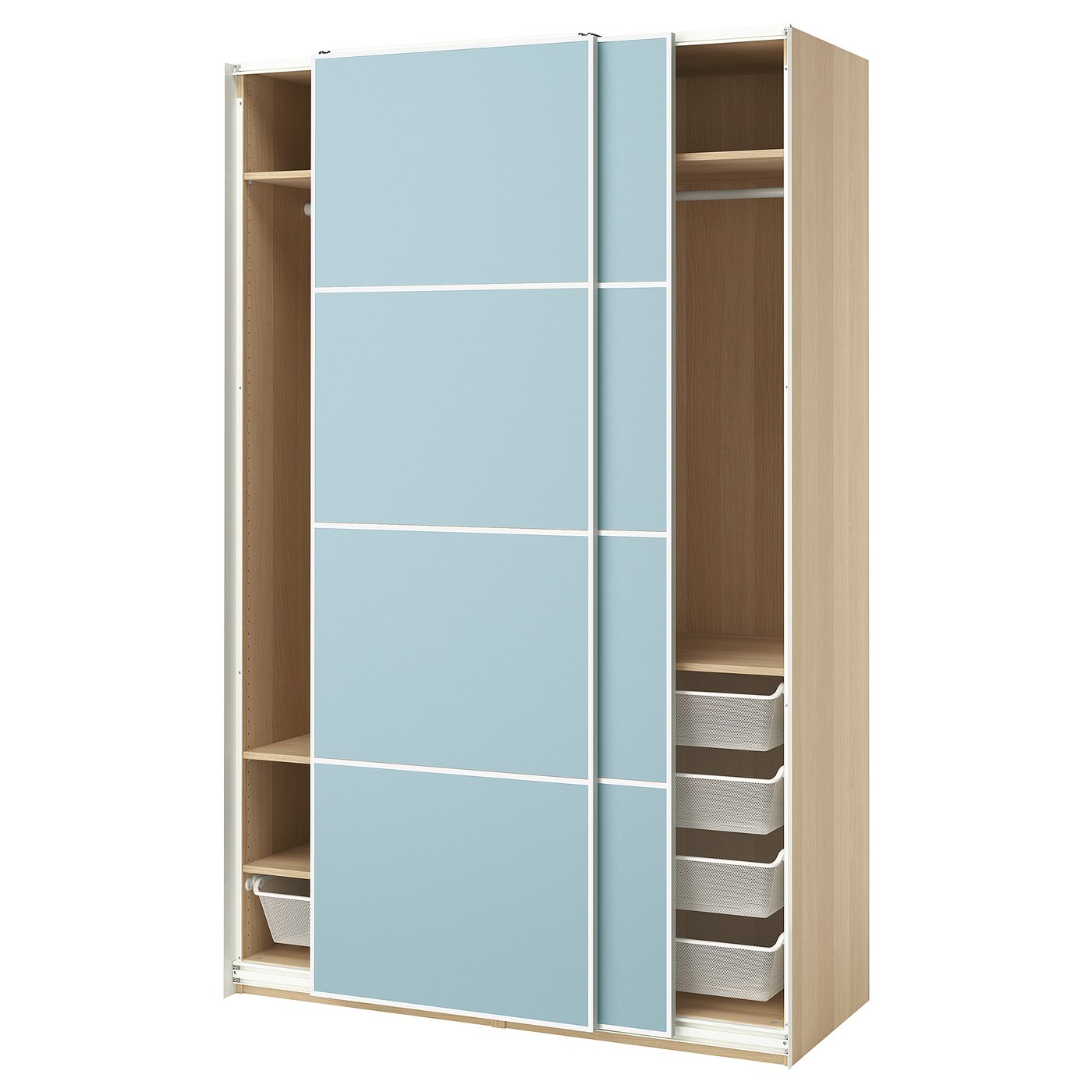 Møbelmontering PAX / MEHAMN Garderobe m skydedøre, egetræsmønster med hvid bejdse/dobbeltsidet lyseblå, 150x66x236 cm | Billig & Hurtig i København