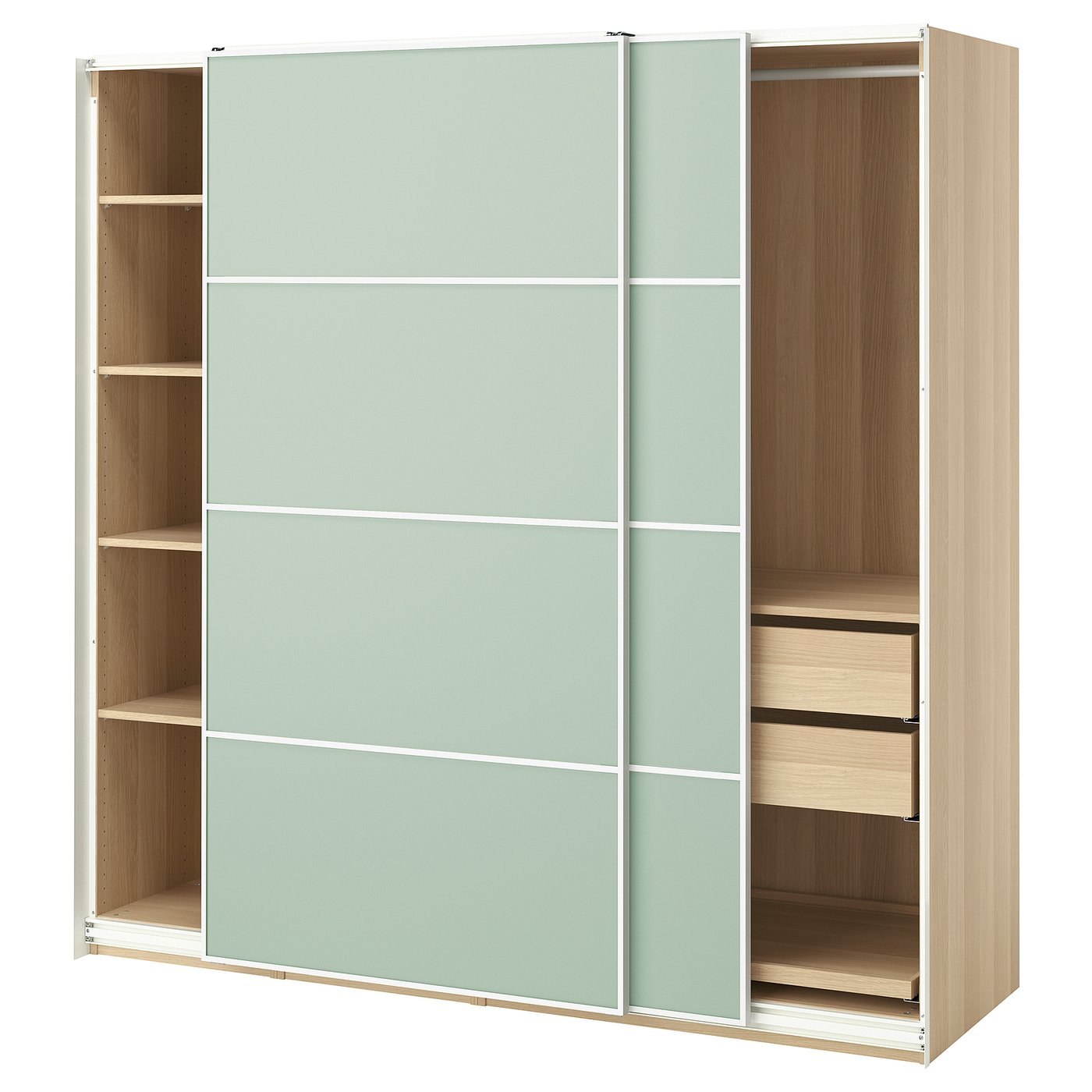 Møbelmontering PAX / MEHAMN Garderobe m skydedøre, egetræsmønster med hvid bejdse/dobbeltsidet lysegrøn, 200x66x201 cm