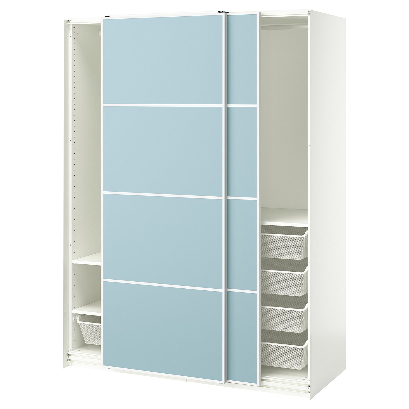 Møbelmontering PAX / MEHAMN Garderobe m skydedøre, hvid/dobbeltsidet lyseblå, 150x66x201 cm | Billig & Hurtig i København