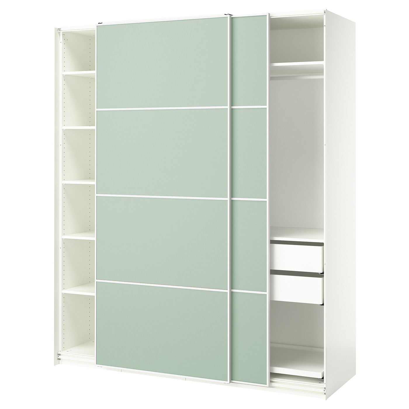 Møbelmontering PAX / MEHAMN Garderobe m skydedøre, hvid/dobbeltsidet lysegrøn, 200x66x236 cm