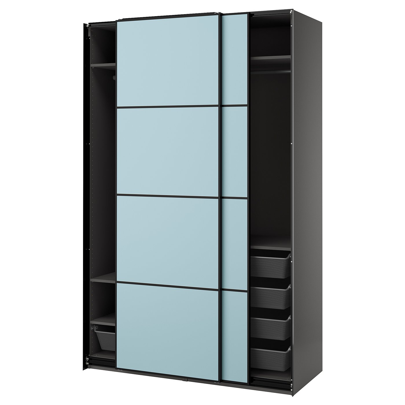Møbelmontering PAX / MEHAMN Garderobe m skydedøre, mørkegrå/dobbeltsidet lyseblå, 150x66x236 cm | Billig & Hurtig i København