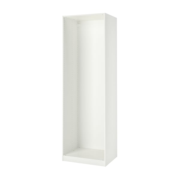 Et ikea PAX garderobestel, hvidt, rektangulært, med justerbare fødder.
