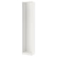 Et hvidt ikea PAX garderobestel, slankt og rektangulært, lavet af papirfolie og spånplader med justerbare fødder.