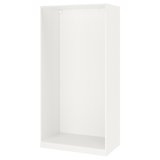 Hvid PAX garderoberamme: moderne, minimalistisk design, rektangulær form, lavet af fiberplade og spånplade.