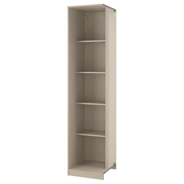 En ikea PAX beige hjørneskabsenhed. Den har fire hylder og er lavet af spånplader og papirfolie. Enheden er et åbent opbevaringsdesign.