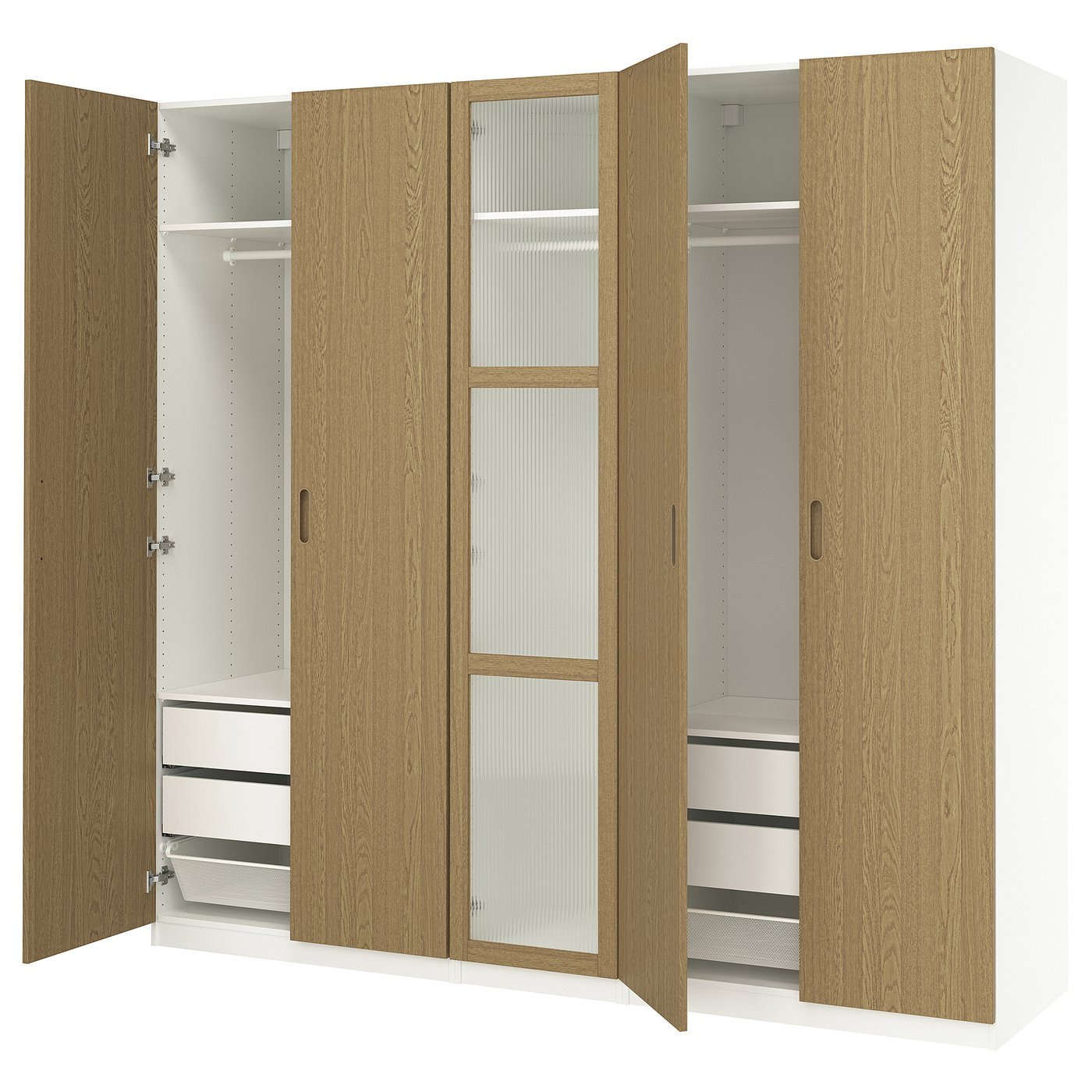 Møbelmontering PAX / TONSTAD Garderobekombination, hvid/egetræsfiner glas, 250x60x236 cm