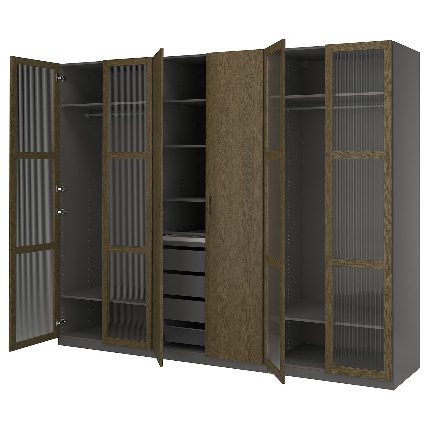Møbelmontering PAX / TONSTAD Garderobekombination, mørkegrå brun/egetræsfiner med bejdse glas, 300x60x236 cm