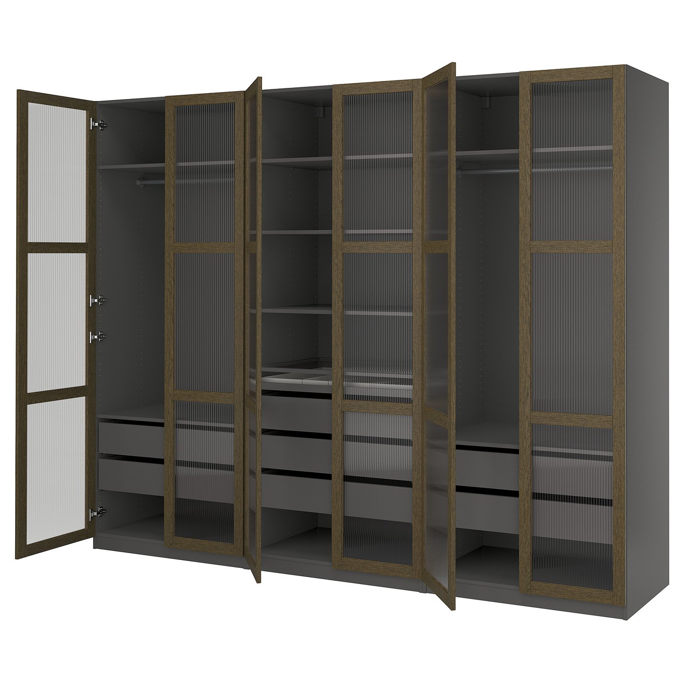 Møbelmontering PAX / TONSTAD Garderobekombination, mørkegrå brun/egetræsfiner med bejdse glas, 300x60x236 cm