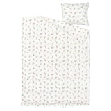 Et hvidt dynesæt ved navn PILDVÄRGMAL med farverige blomstermotiver. Lavet af bomuld og viskose, det har en seersucker-tekstur for komfort.