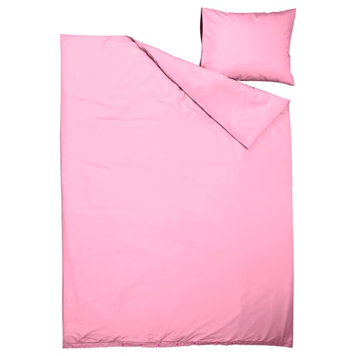 Lyserødt sengetøj sæt med matchende pude, glat materiale, enkelt design.
