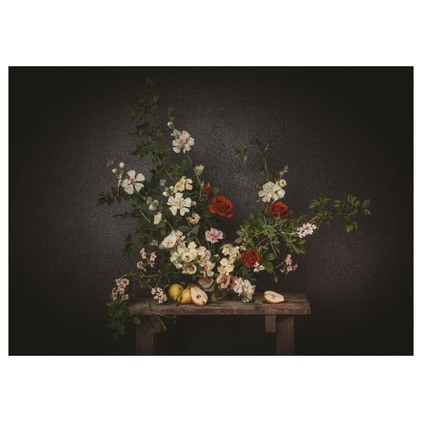 PJÄTTERYD: blomstret stilleben print på lærred, mørk baggrund, med æbler, røde roser, hvide blomster, på rustik bænk.