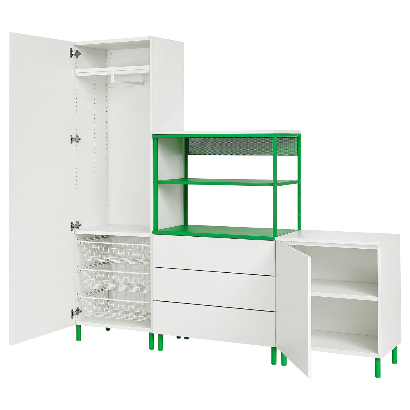 Møbelmontering PLATSA Garderobe m 2 døre + 3 skuffer, hvid Fonnes/grøn, 200x42x191 cm