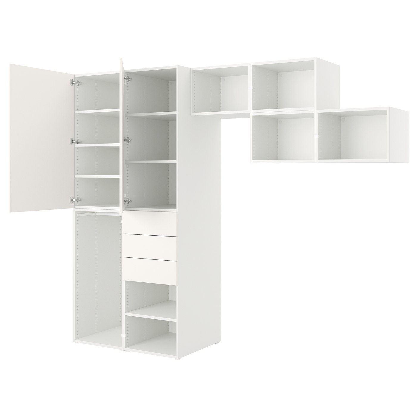 Møbelmontering PLATSA Garderobe m 2 døre + 3 skuffer, hvid/FONNES hvid, 300x57x241 cm
