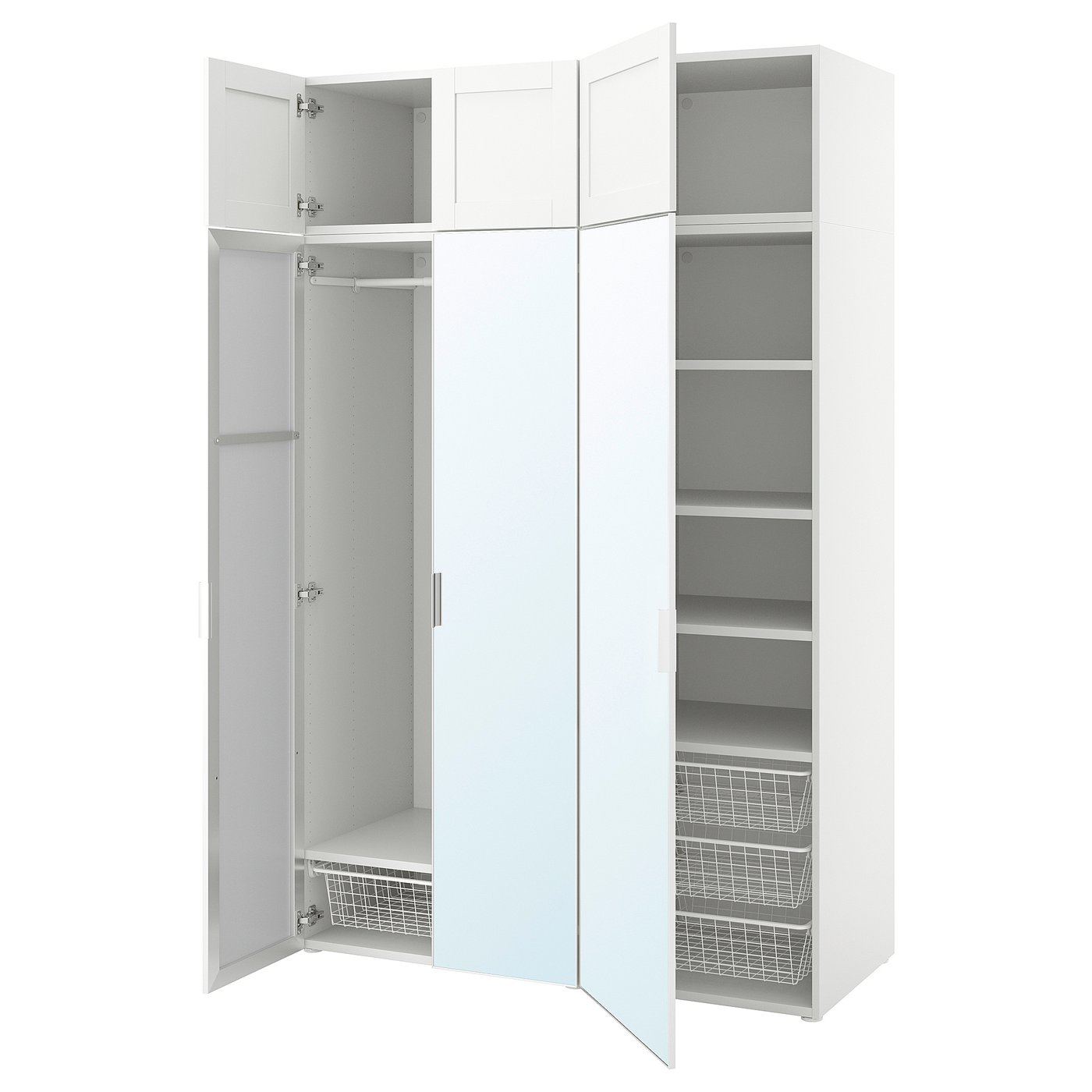 Møbelmontering PLATSA Garderobe med 6 døre, hvid STRAUMEN spejlglas/SANNIDAL hvid, 140x57x221 cm