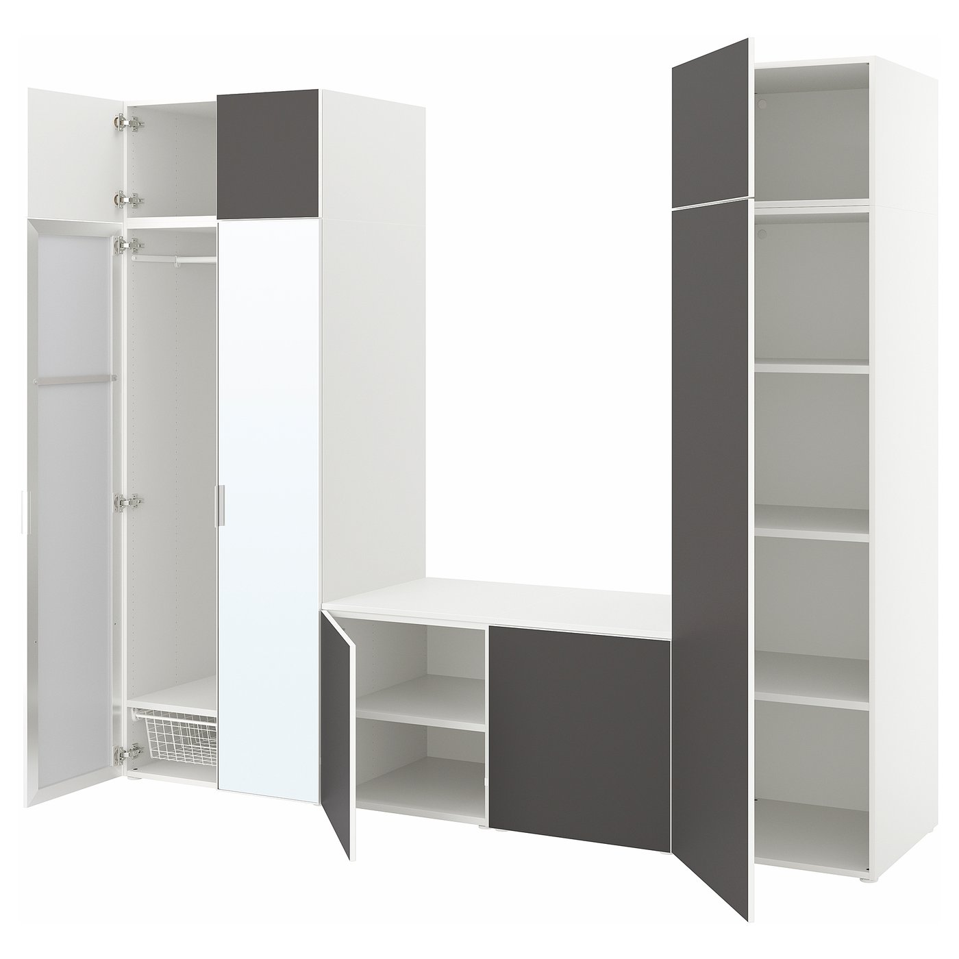 Møbelmontering PLATSA Garderobe med 8 døre, hvid STRAUMEN spejlglas/SKATVAL mørkegrå, 260x57x221 cm