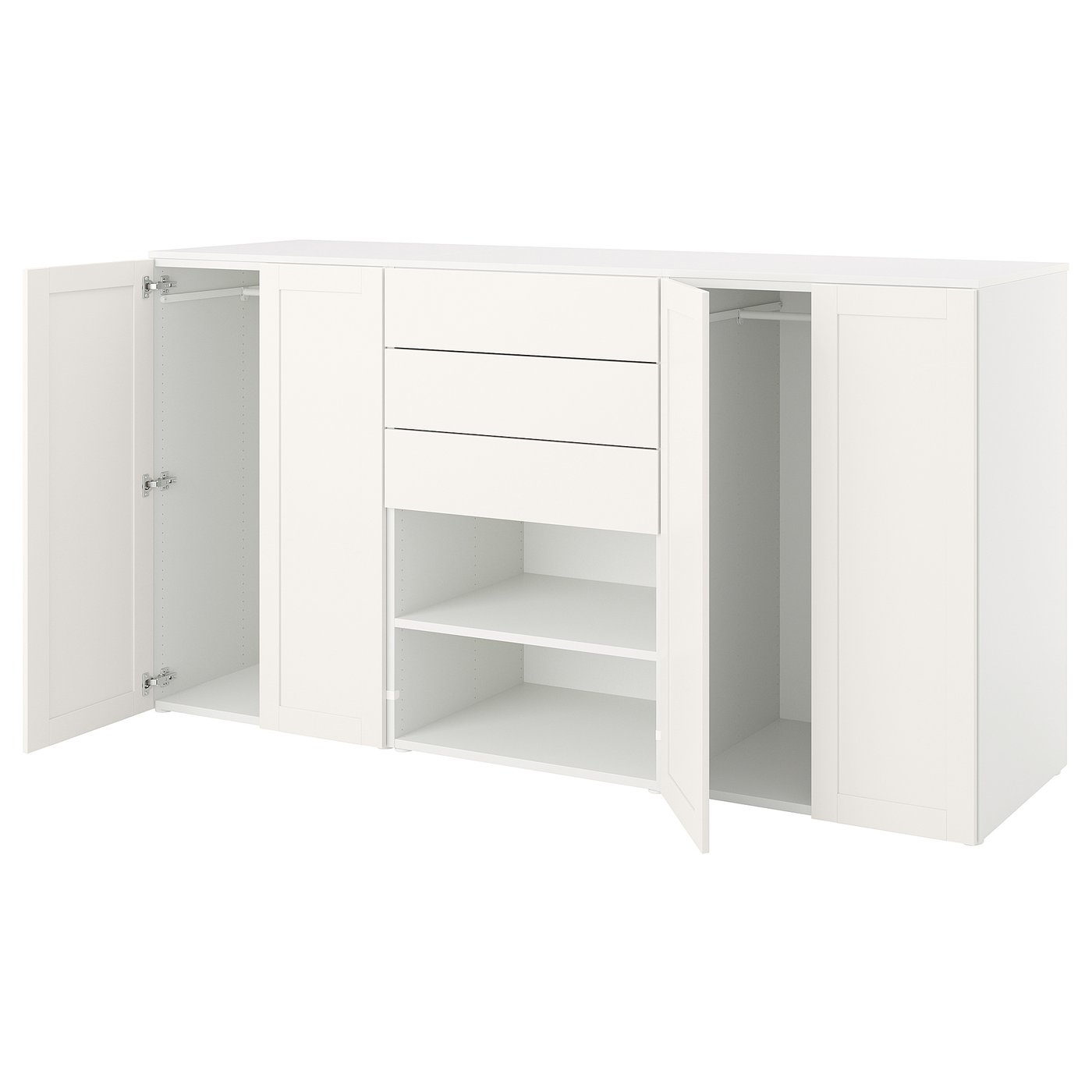 Møbelmontering PLATSA Garderobeskab 4 døre+3 skuffer, hvid FONNES hvid/SANNIDAL hvid, 240x57x123 cm