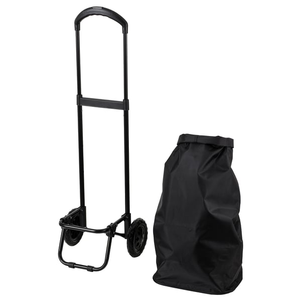 Sort foldbar vogn med et stort, justerbart håndtag, to hjul og en aftagelig pose med snørelukning. Ideel til shopping eller udflugter.
