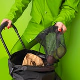 Person med grøn RADARBULLE indkøbspose, fyldt med dagligvarer, på grøn baggrund.