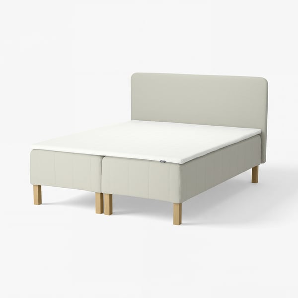 RÅHOLMAR Boxmadras med pocketfjedre, 5 zoner, inkl. ben, topmadras og sengegavl fast/Knisa lys beige Nisseholm, 180x200 cm
