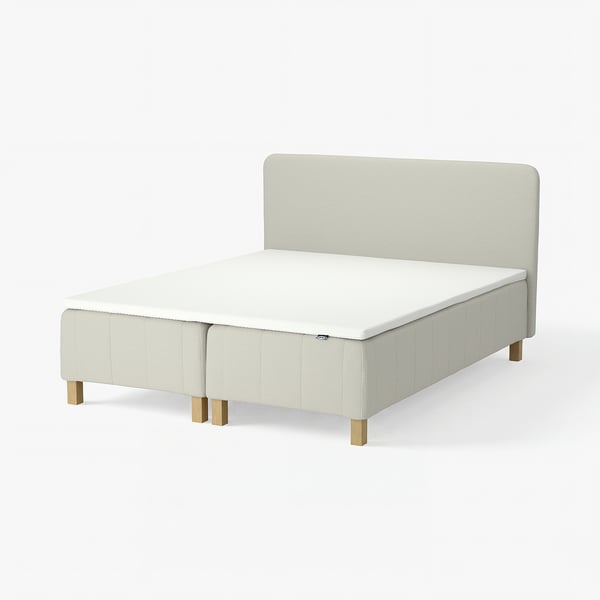 RÅHOLMAR Boxmadras med pocketfjedre, 5 zoner, inkl. ben, topmadras og sengegavl fast/Knisa lys beige Nordberget, 160x200 cm