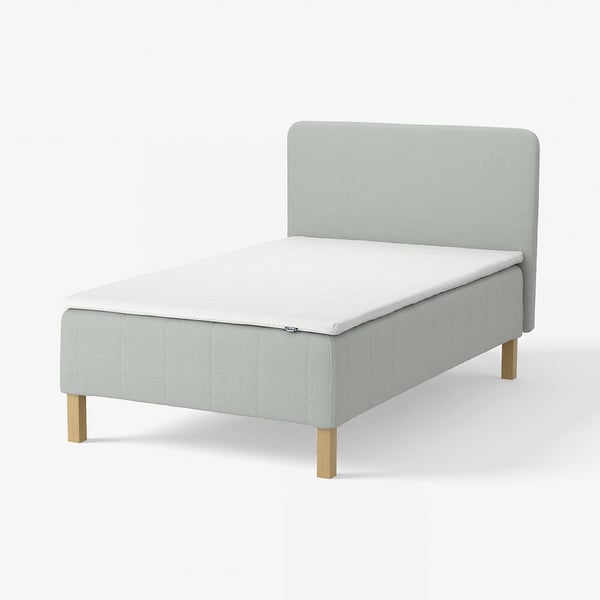 RÅHOLMAR Boxmadras med pocketfjedre, 5 zoner, inkl. ben, topmadras og sengegavl fast/Tibbleby beige/grå Nisseholm, 120x200 cm