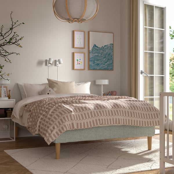 RENFJÄLLET Boxmadras med pocketfjedre, inkl. ben fast/Tibbleby beige/grå, 140x200 cm