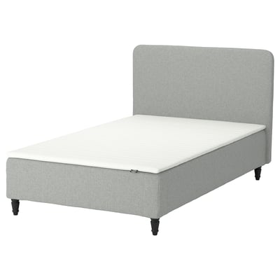 IKEA RENFJÄLLET grå seng med hvid madras, polstret sengegærde.