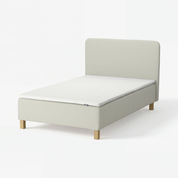 RENFJÄLLET Boxmadras med pocketfjedre, inkl. ben, topmadras og sengegavl medium/Knisa lys beige Nisseholm, 140x200 cm