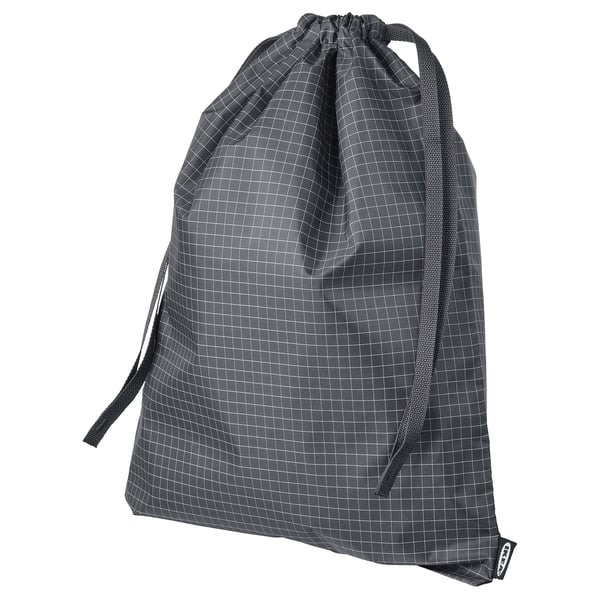 Sort RENSARE-taske med gitterdesign, snørelukning, slidstærkt genanvendt polyester.