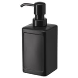 Sort rektangulær sæbedispenser, moderne minimalistisk design med en slank pumpe, struktureret overflade.