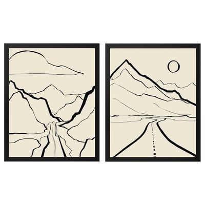 To sorte indrammede kunsttryk med abstrakte landskaber, bjerge og en snoet sti.