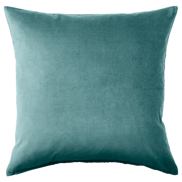SANELA blågrøn pude, velour, firkantet.
