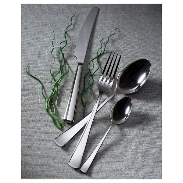 SEDLIG bestiksæt: kniv, gaffel, 2 skeer på gråt stof. Rustfrit stål, slankt design.