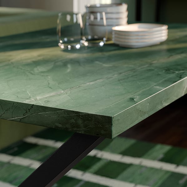 SKÅLSTA Bord, mørk grågrøn marmormønstret/X-formet gråsort, 140x80 cm