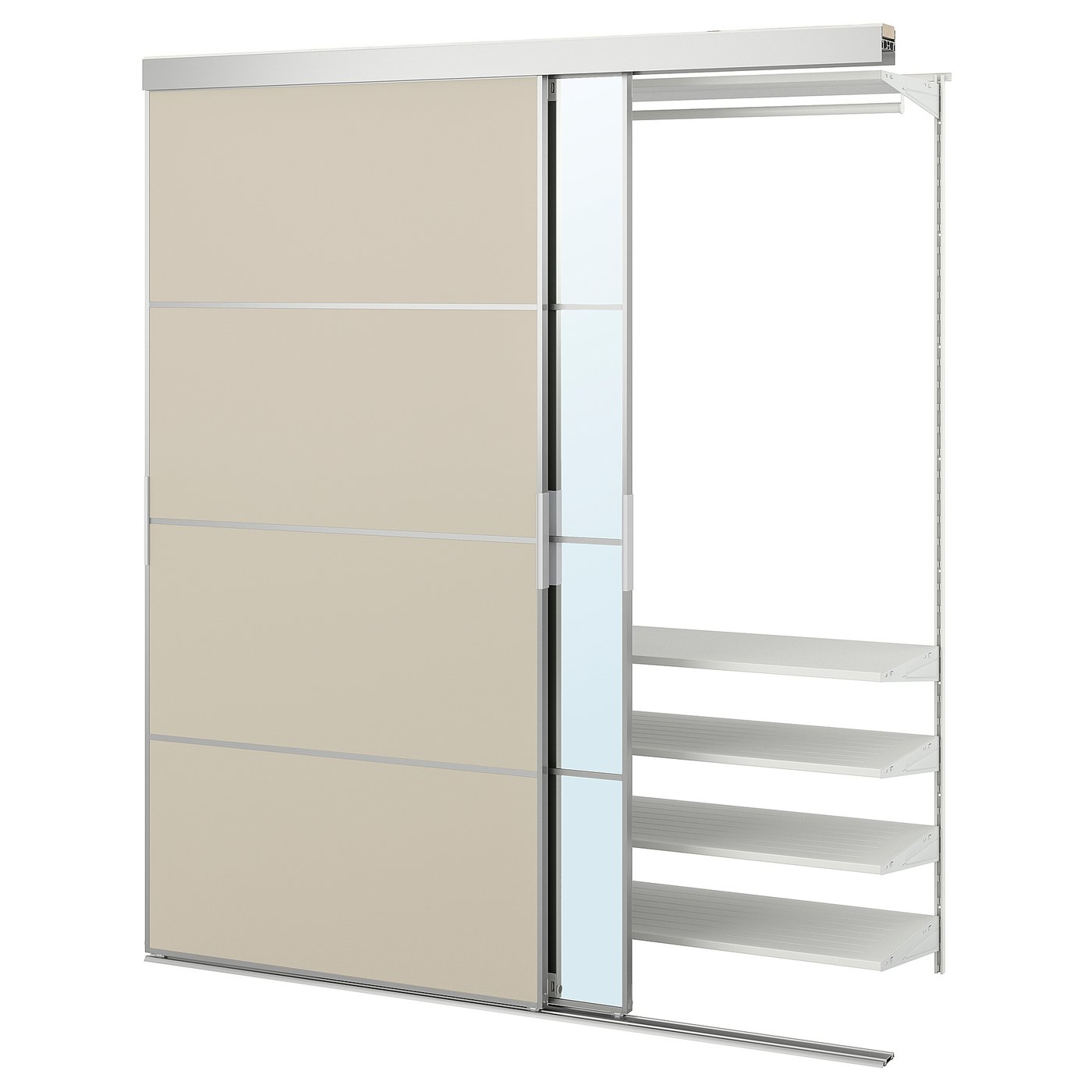 Møbelmontering SKYTTA / BOAXEL Garderobeskab med skydelåge, aluminium Mehamn/Auli/gråbeige spejl, 177x65x205 cm