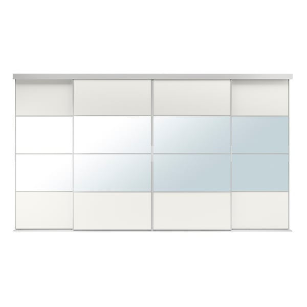En SKYTTA skydedørsenhed med fem hvide paneler, bestående af fire glaspaneler og et plastfoliepanel, indrammet i anodiseret aluminium.