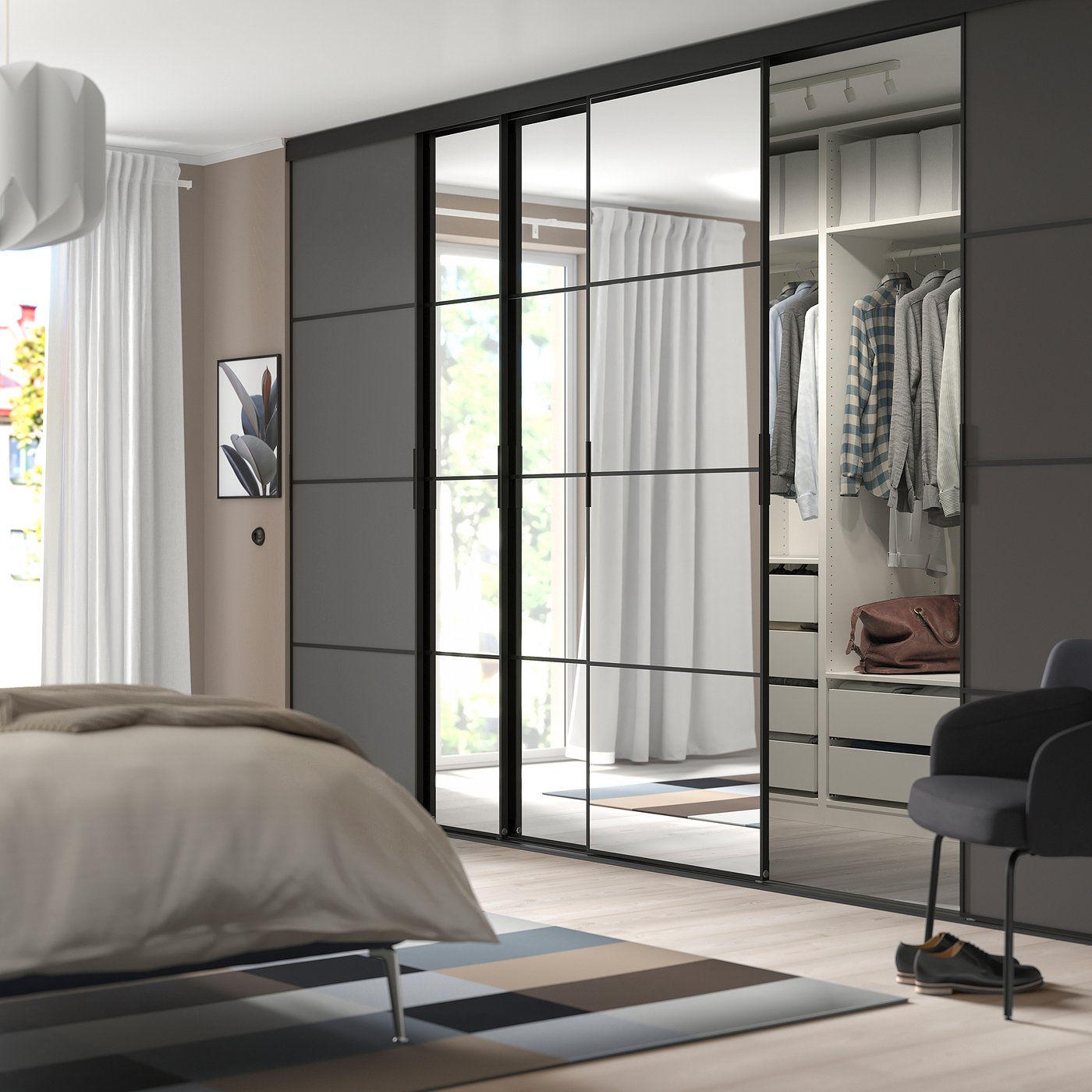 Møbelmontering SKYTTA / MEHAMN/AULI Skydedør, kombination, sort/mørkegrå spejl, 376x240 cm | Billig & Hurtig i København