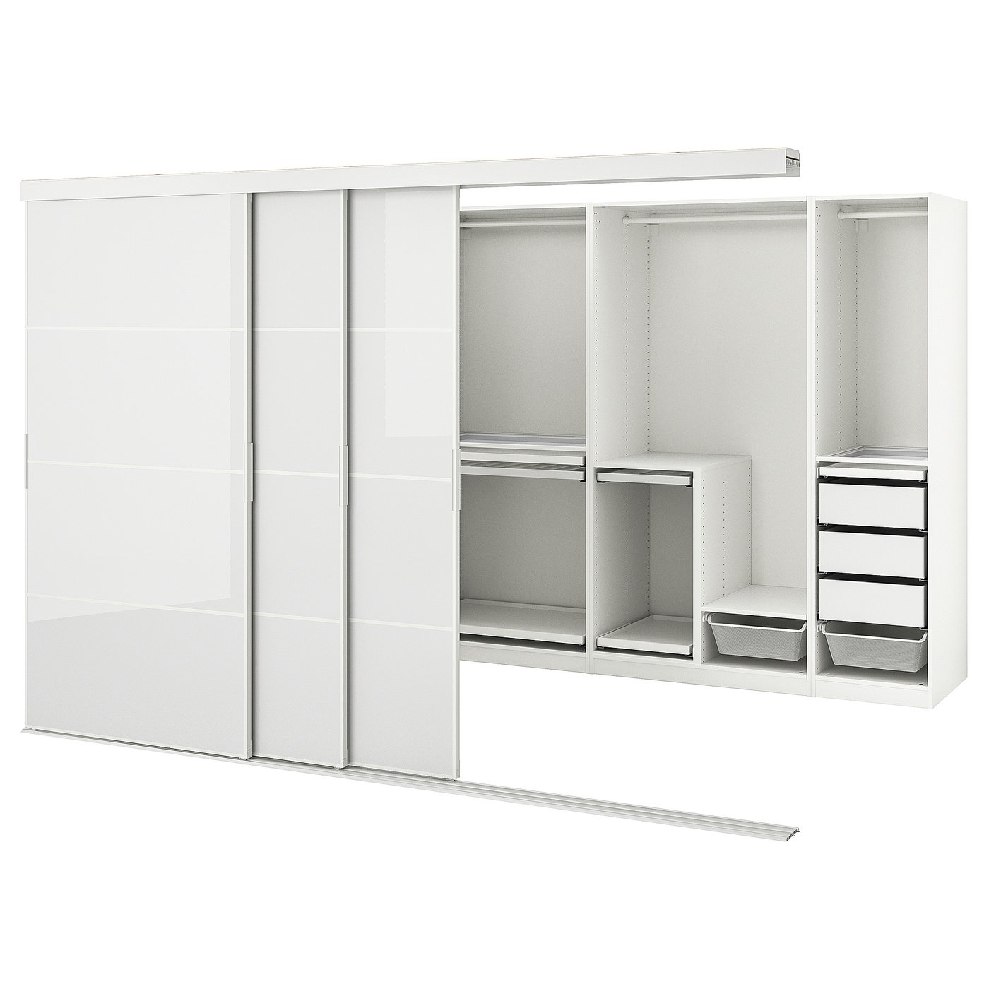 Møbelmontering SKYTTA / PAX Walk-in-closet med skydedøre, hvid Hokksund/lysegrå højglans, 301x160x205 cm