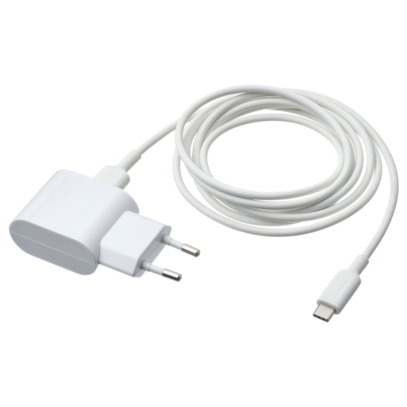 Hvid SMÅHAGEL usb-oplader med oprullet sittbrunn-kabel, usb-c-ende.