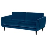 Blå fløjl retro sofa med buede arme og kegleben.