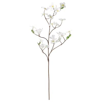 Hvid kunstig kornelgren med blomster, lavet af genbrugsplast.