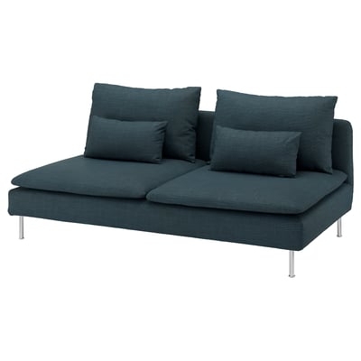 Sodoerhamn moderne sofa. Dybe, komfortable sæder. Mørk blågrøn, lav profil. Stålben. Dybe hynder, der er nemme at rengøre.