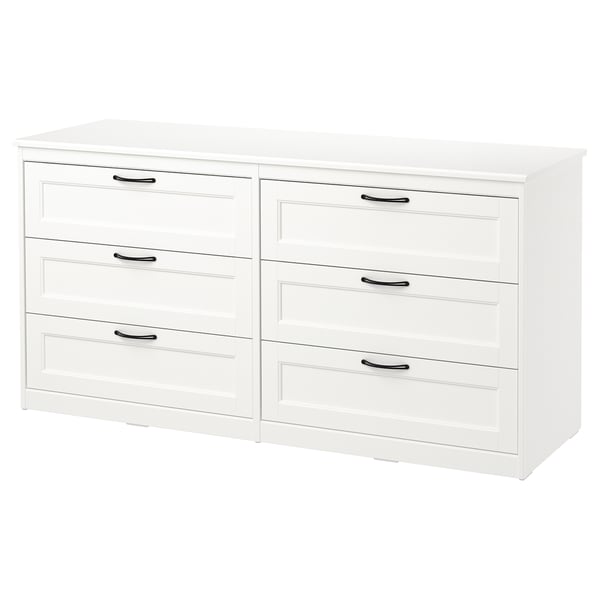 Hvid SONGESAND kommode med seks skuffer og klassisk design med paneler for et rent look.