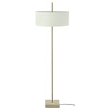 STOCKHOLM 2025 lampe: messing, travertinbase, hvid tekstilskærm, minimalistisk design til diffust lys.