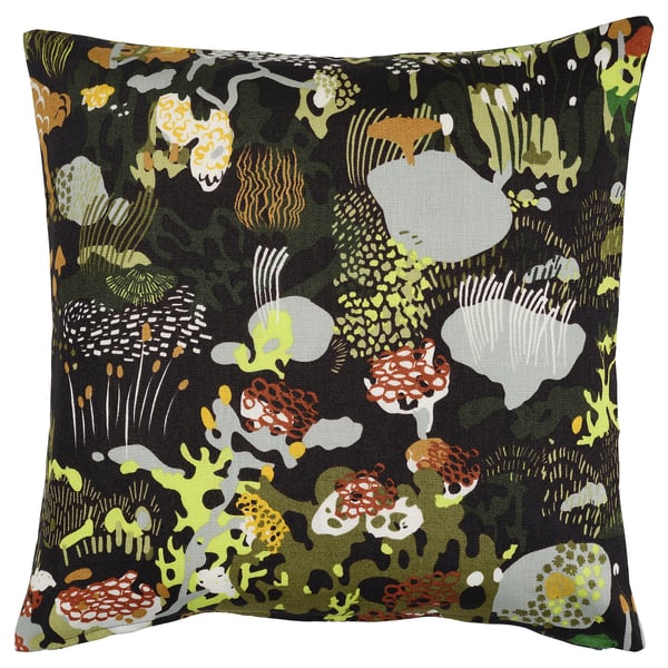 Firkantet pude, mørkegrøn, naturprint, indviklet design, hørstof.