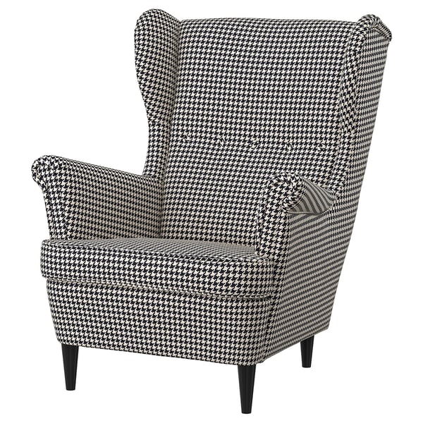 STRANDMON stol, sort/hvid houndstooth mønster, høj ryg, træben, hyggeligt design.