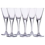 Seks SVALKA-vinglas i klart glas i klassisk design, der står oprejst på række.